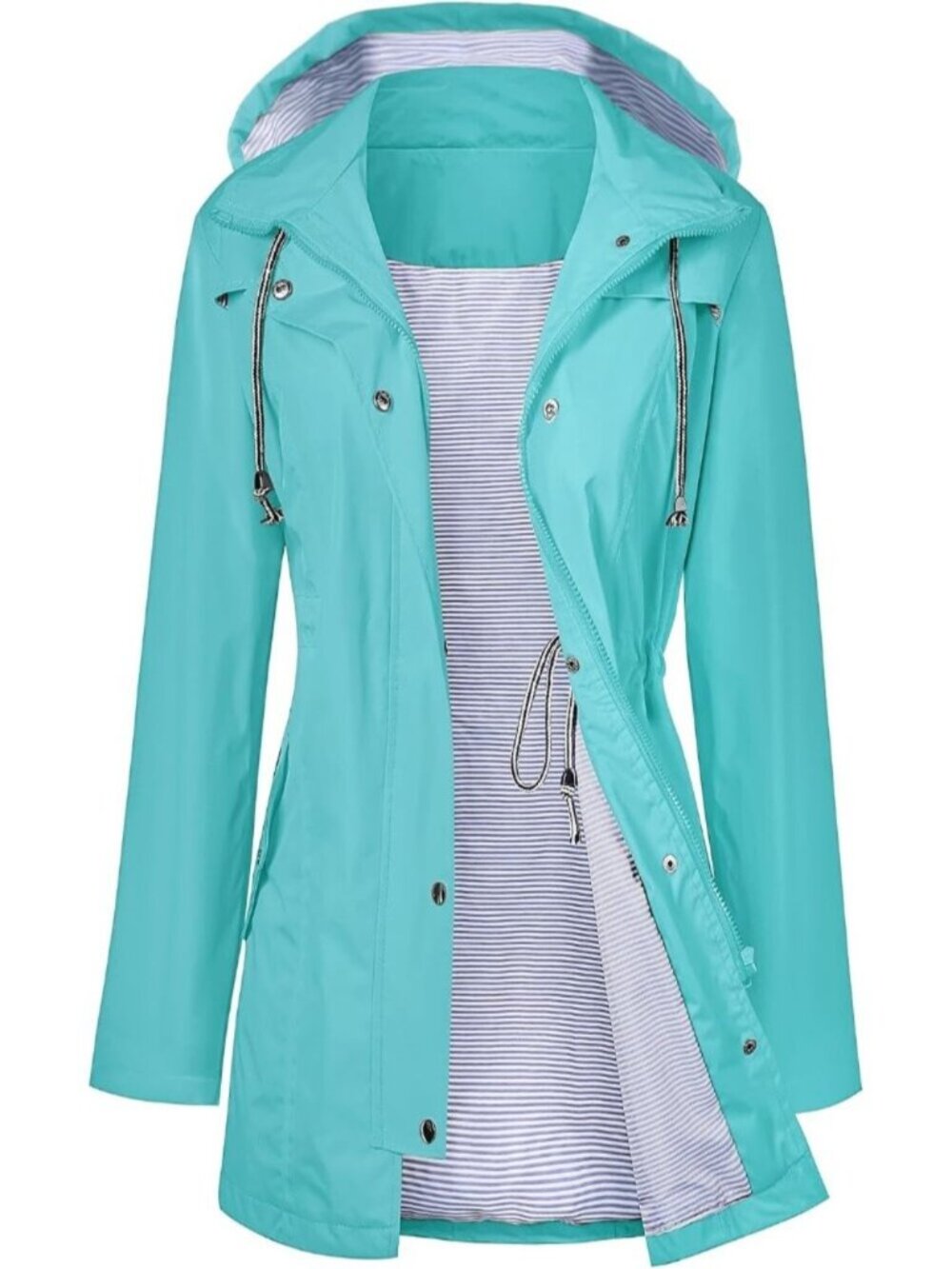Women Turquoise Hooded Waterproof Adjustable Drawstring Windbreaker Trench Coat